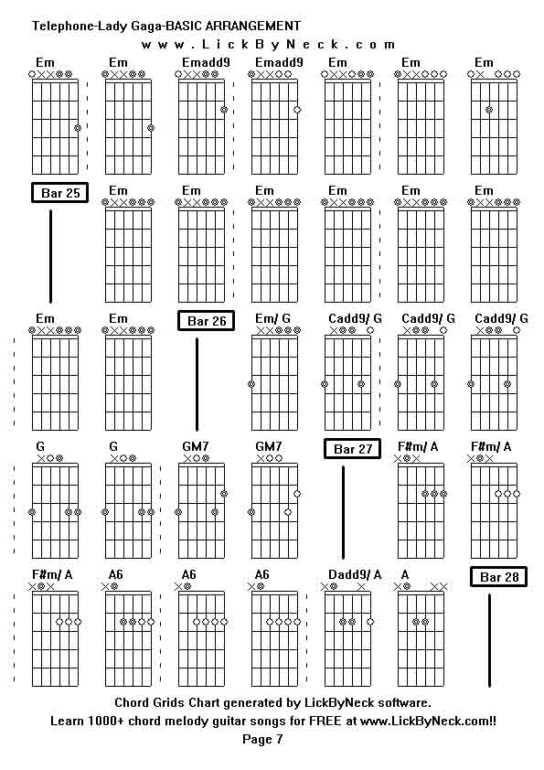 Chord Grids Chart of chord melody fingerstyle guitar song-Telephone-Lady Gaga-BASIC ARRANGEMENT,generated by LickByNeck software.